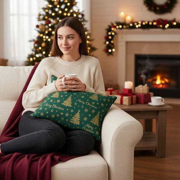 Christmas Tree Lumbar Pillow Covers 2-Pack 12x19 in fit 12x20 Inserts Green Gold - Picture 3 of 5